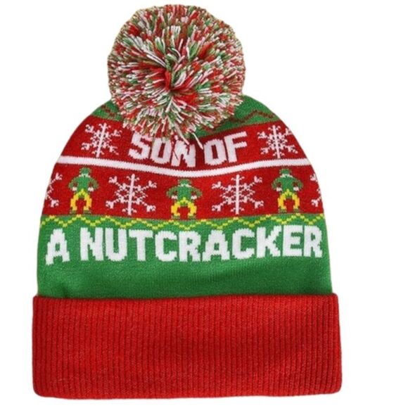 Concept One Son Of A Nutcracker Elf Beanie Hat Knit Cap With Pom Pom Red Green - Picture 6 of 6